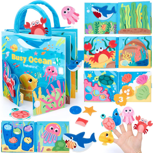 Hahaland Ocean Busy Book crab pinchers enhance fine motor play for toddlers on the go.