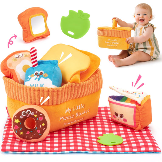 Hahaland picnic basket plush with six sensory toys promotes sensory exploration for tiny hands