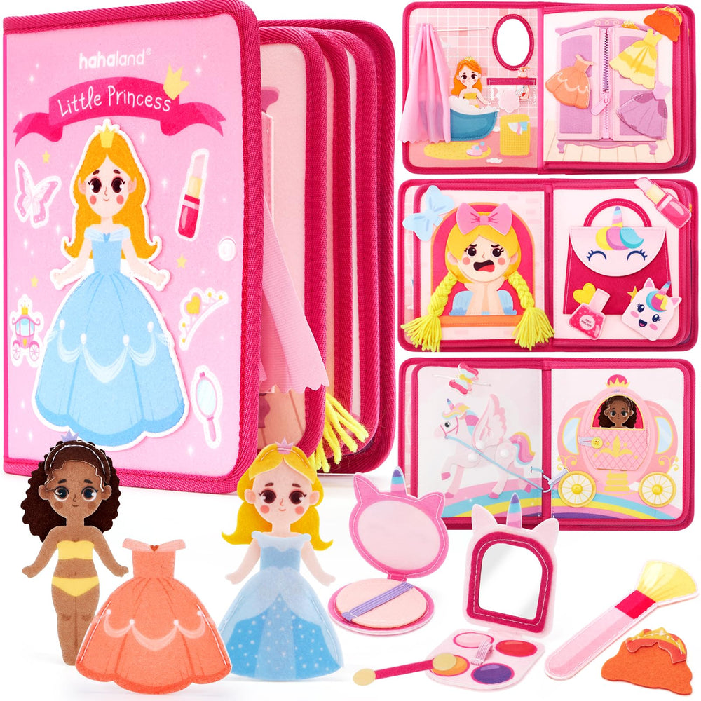 Hahaland Princess Busy Board showing 20 activities for imaginative play and skill building