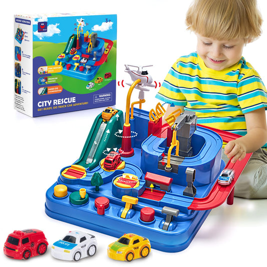 Hahaland race track full setup promotes problem-solving and coordination during cooperative play