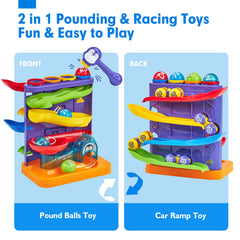Hahaland rainbow car ramp track promotes cooperative play and turn-taking.