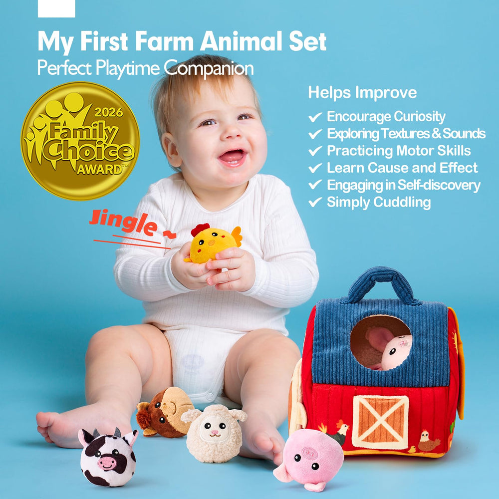 Hahaland baby farm animals feature soft fabrics and gentle rattles for engagement.