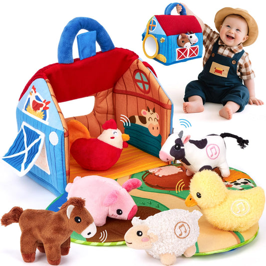 Hahaland Surprise Barn with stuffed farm animals for tactile play and exploration