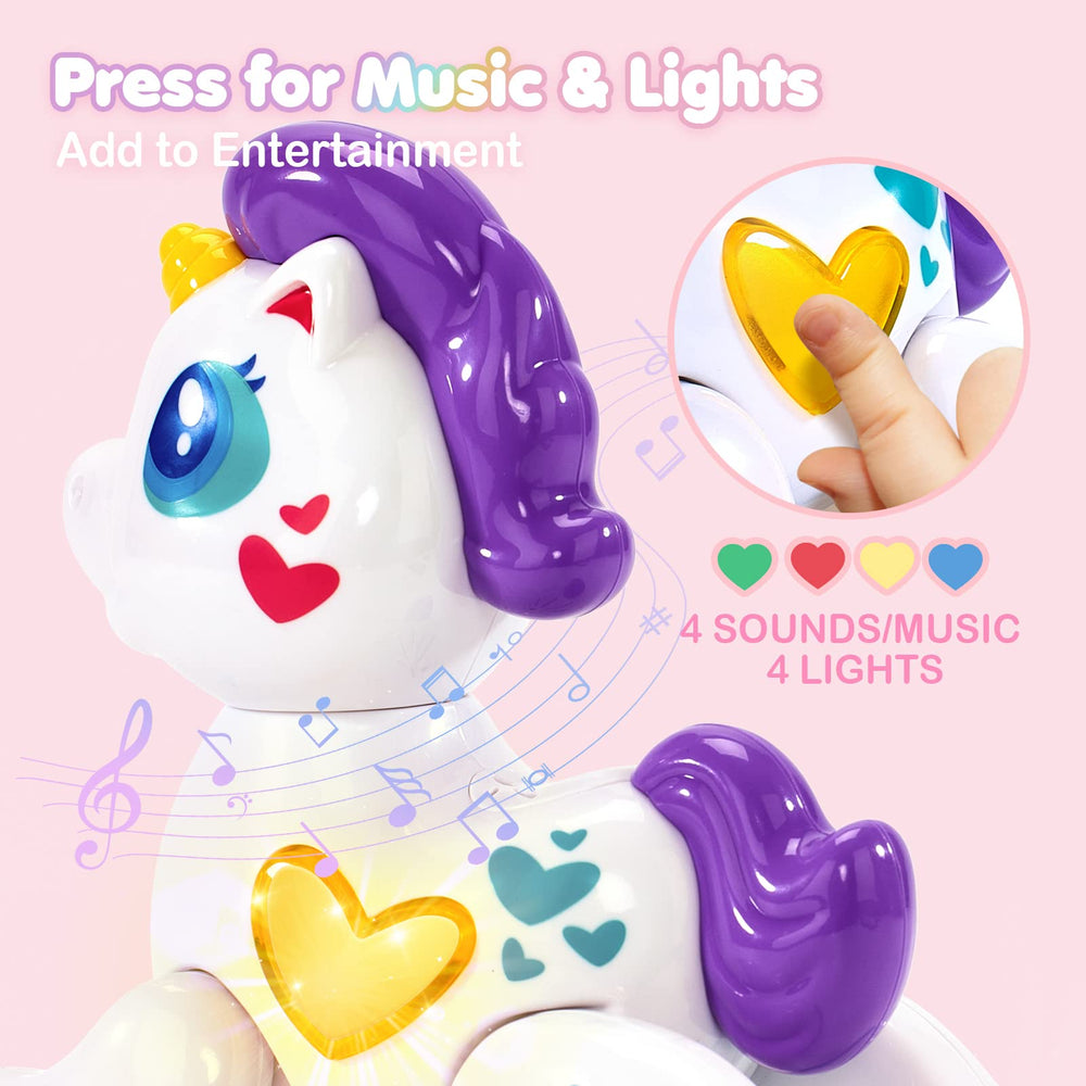 Hahaland unicorn twistable head and limbs encourage fine motor exploration.