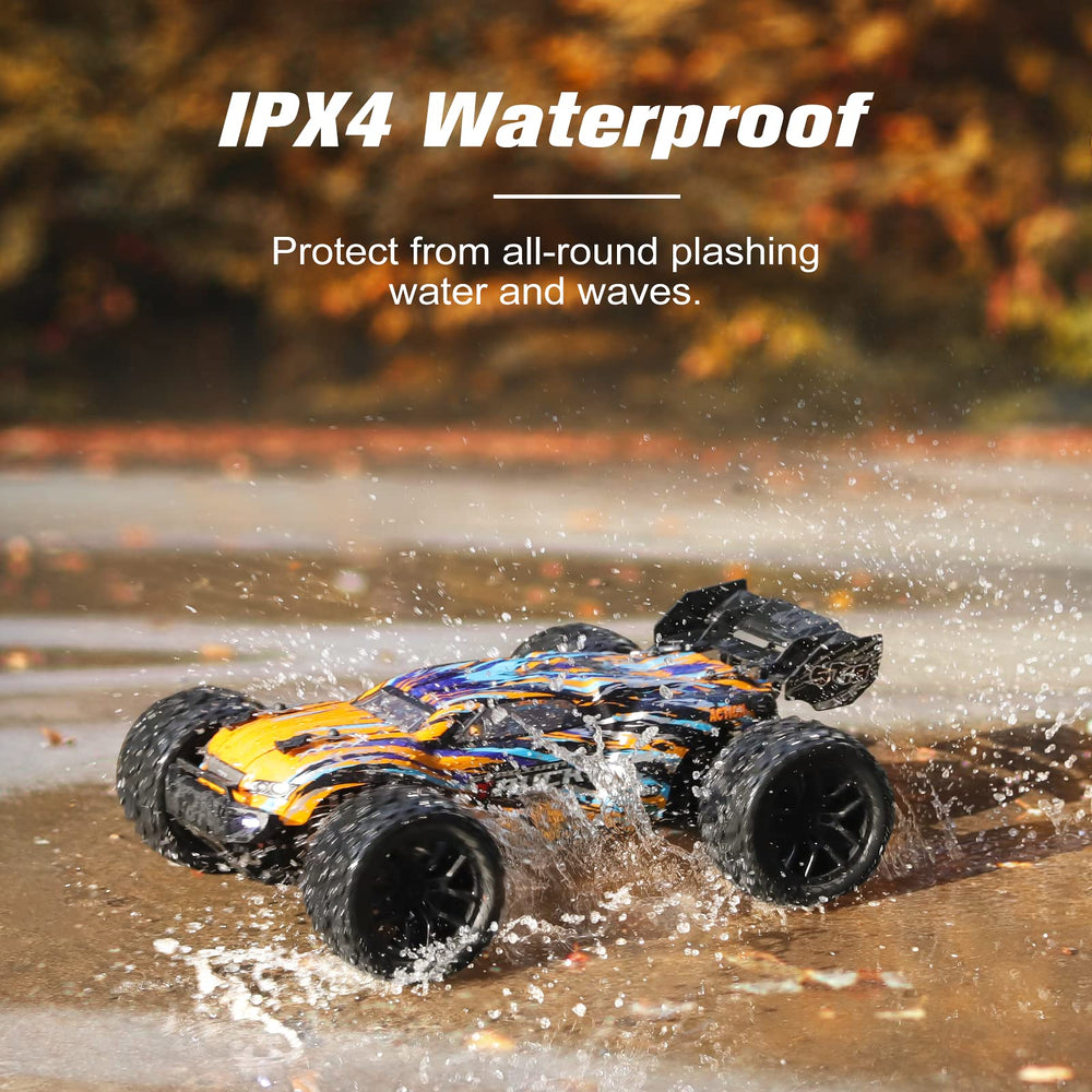 HAIBOXING 1:18 RC car side view shows a sleek profile and accessible battery bay.