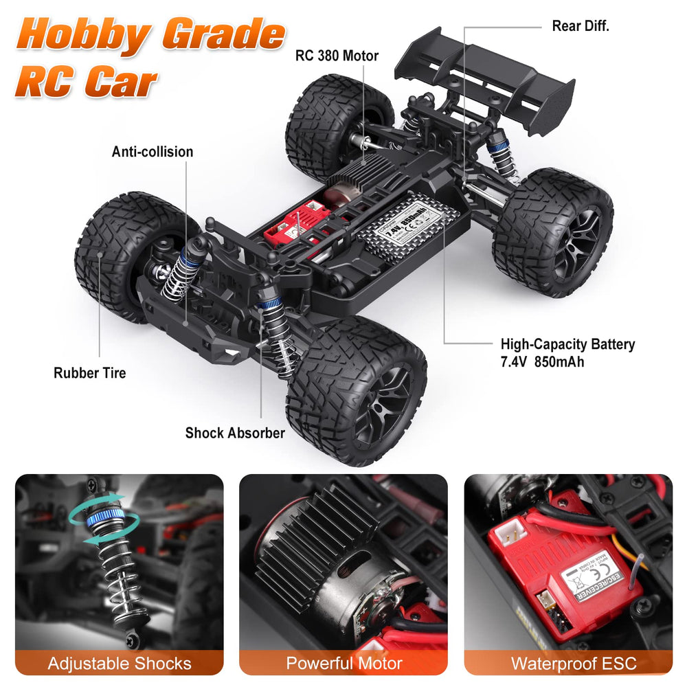 HAIBOXING 1:18 RC car tire grip highlights high-traction tires for dirt and grass.