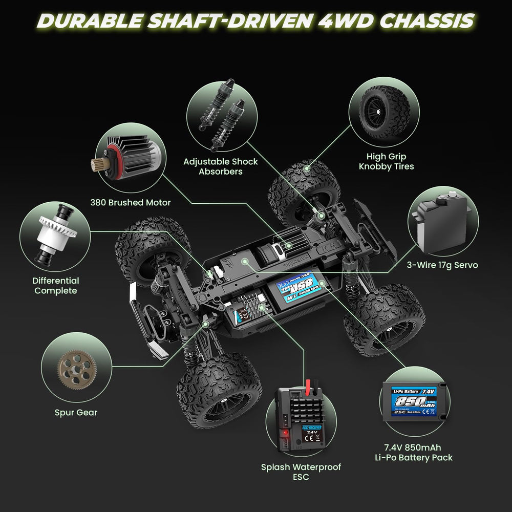HAIBOXING 1:18 RC truck side profile demonstrates 4x4 capability on varied terrain.