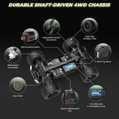 HAIBOXING 1:18 RC truck side profile demonstrates 4x4 capability on varied terrain.