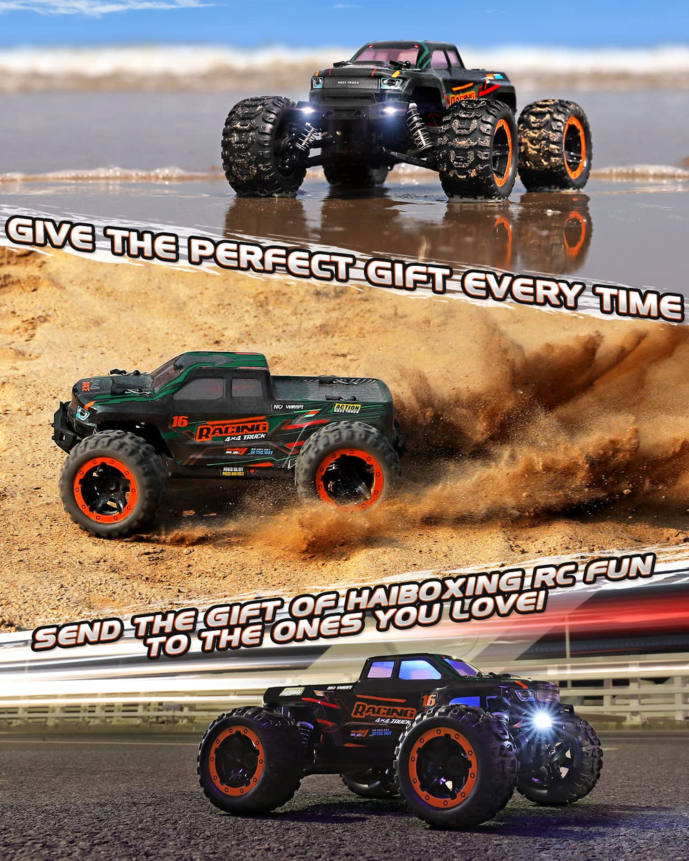 HAIBOXING 16889 rear view highlighting four-wheel drive stability and splash protection