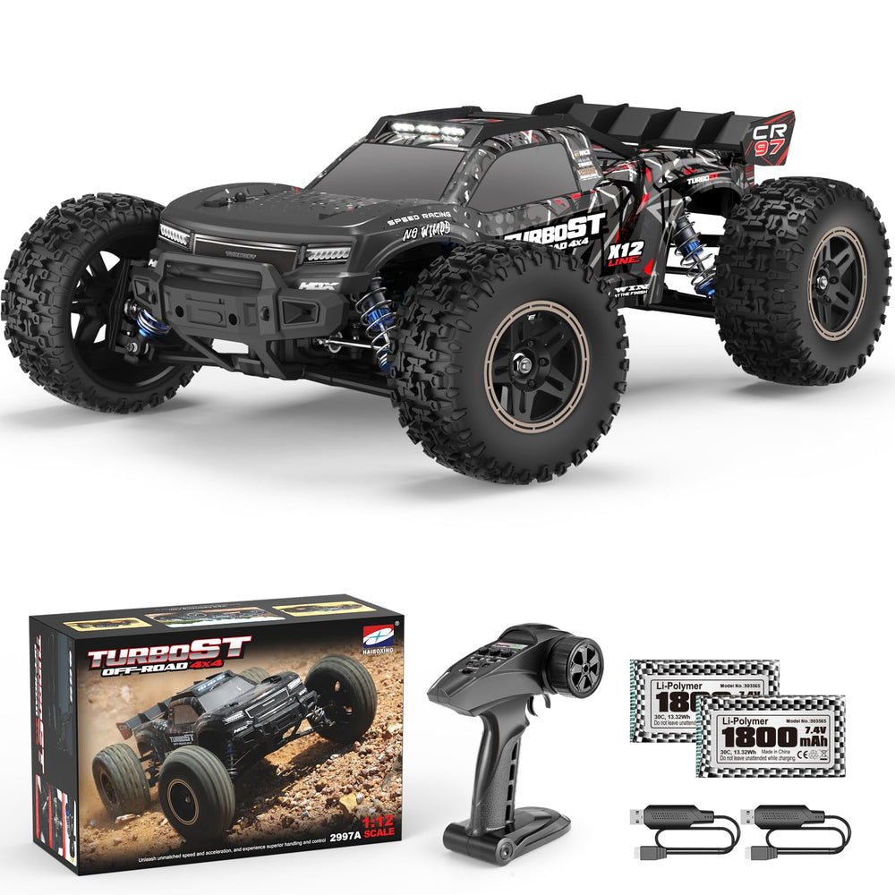 HAIBOXING 2997A front view showcases brushless motor for swift off-road action.