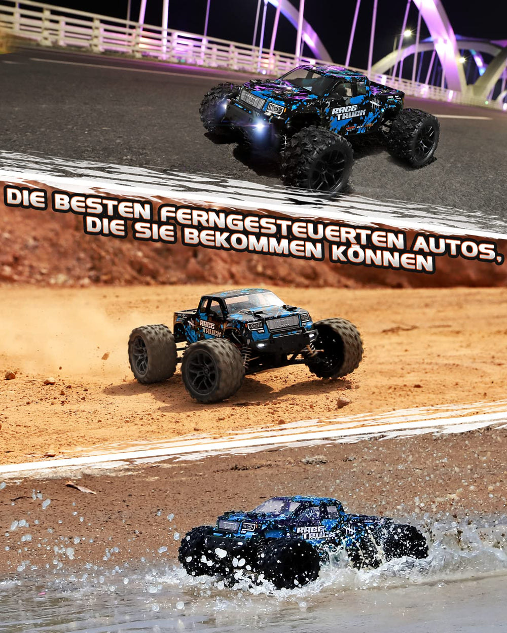 HAIBOXING Rampage side view showing 4WD stability on sand, grass, and road.