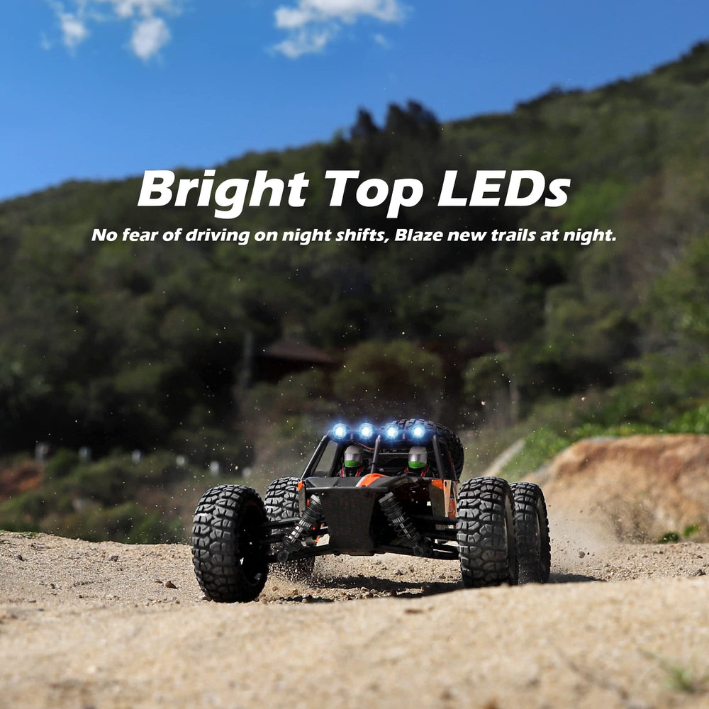 HAIBOXING RC Truck dual batteries shown, extending playtime for longer sessions.