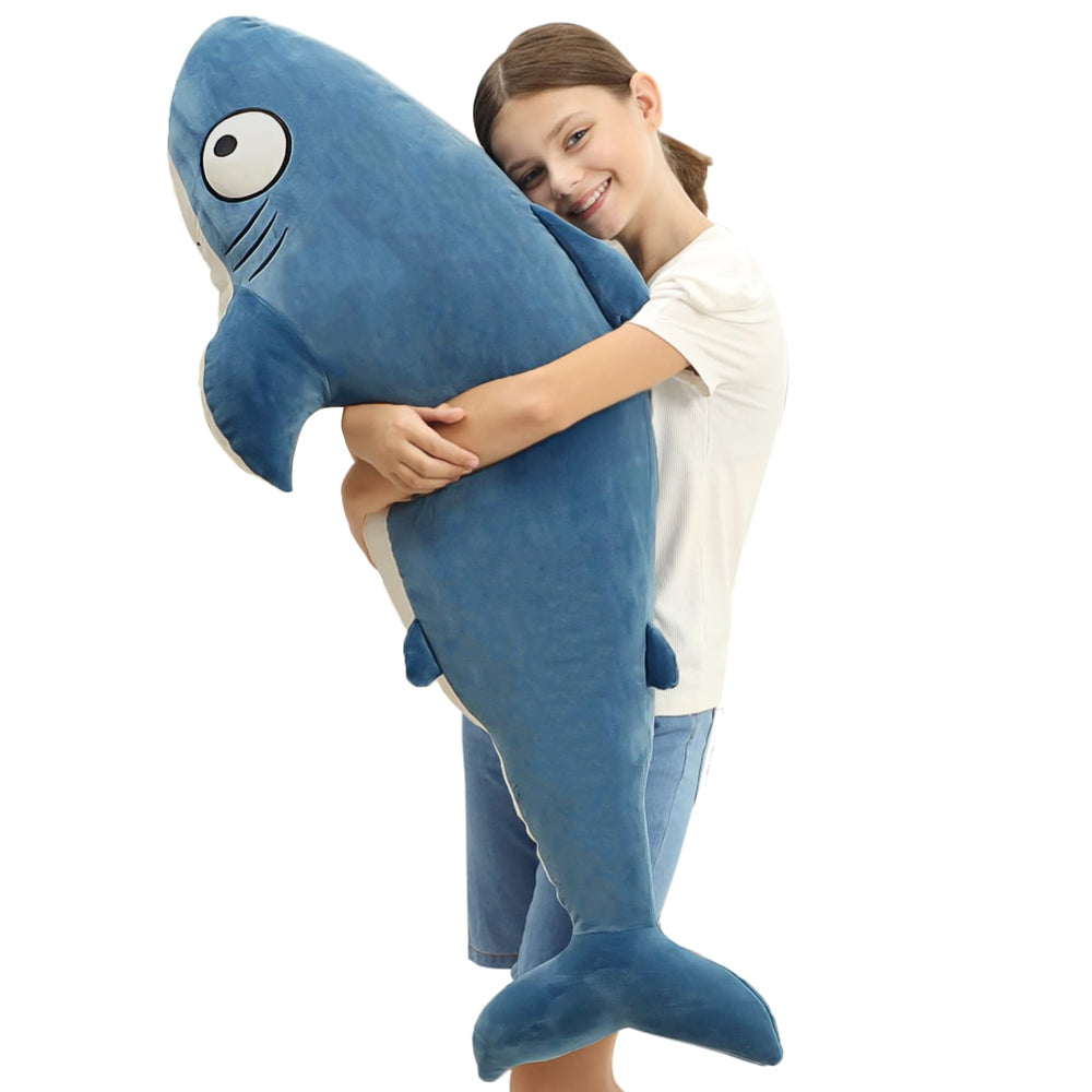 HAIJUNYA 48-inch blue giant sharks plush, full-length cuddle companion for kids.