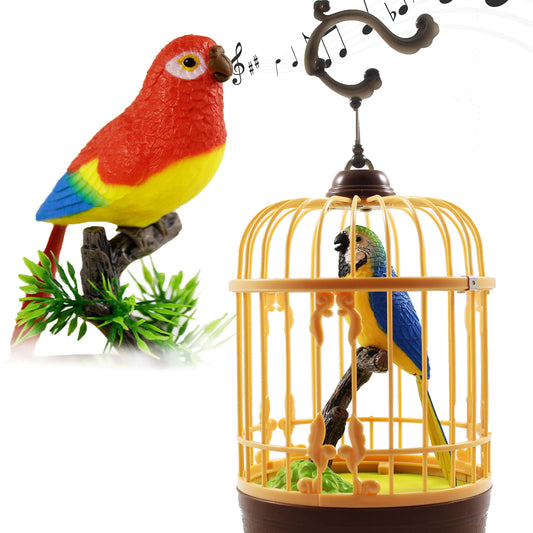 Haktoys Chirping Bird in Cage front view, soothing desk decor with ambient bird sounds