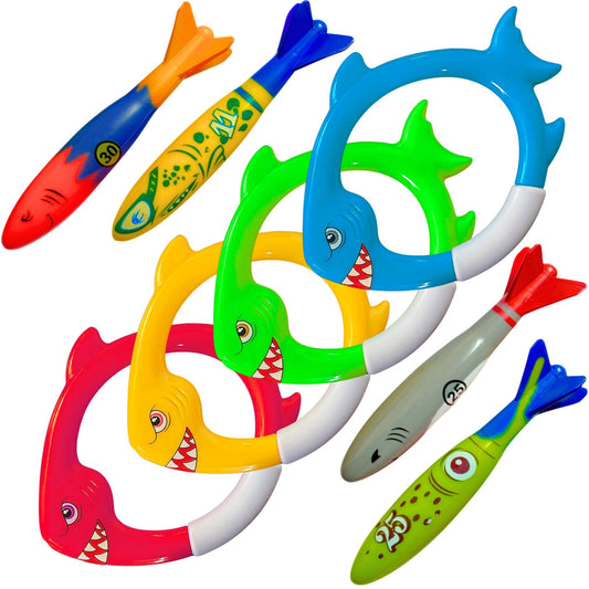 Haktoys shark dive rings in bright colors visible for kids' pool games
