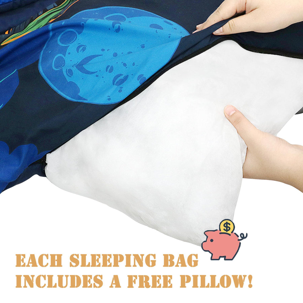 Hallo Bunny sleeping bag with removable dinosaur pillow for easy nap customization.