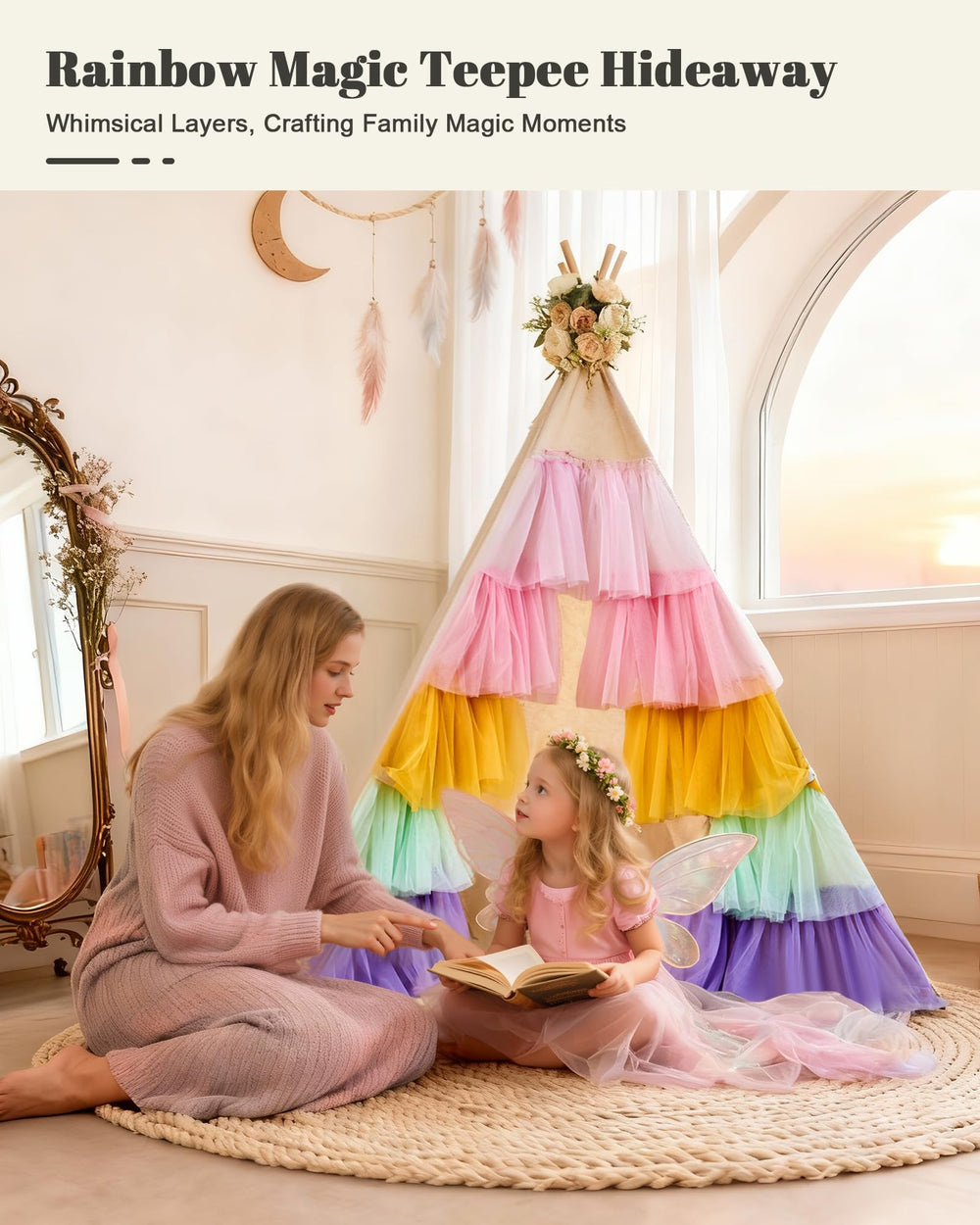HalloDeer tepee tent with rainbow tulle adds colorful whimsy for indoor adventures.