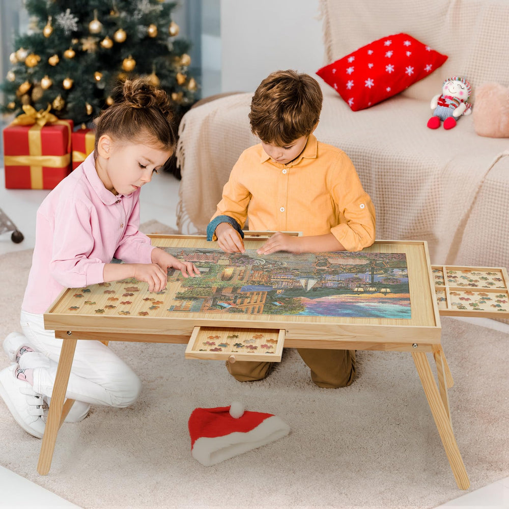HALLYBEE Puzzle Table's four drawers with seed buckles for sorting pieces.