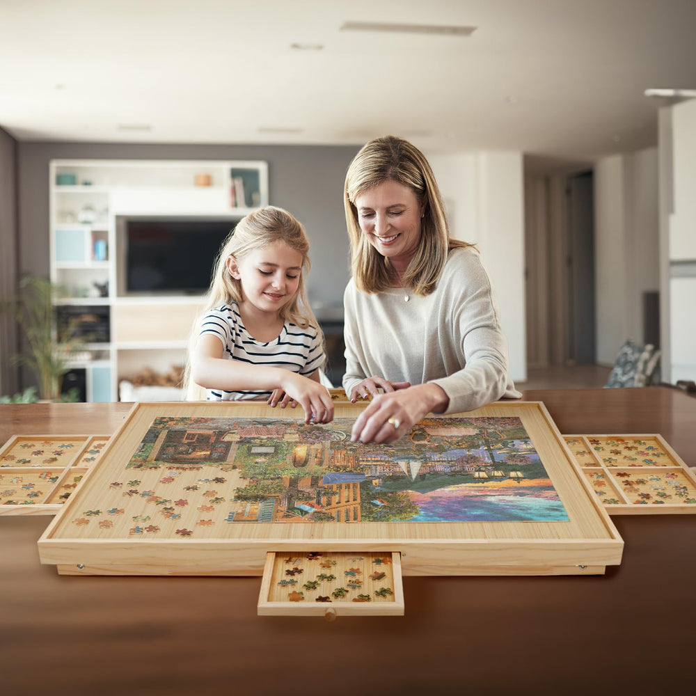 HALLYBEE Puzzle Table foldable legs offering easy storage and comfortable seating.