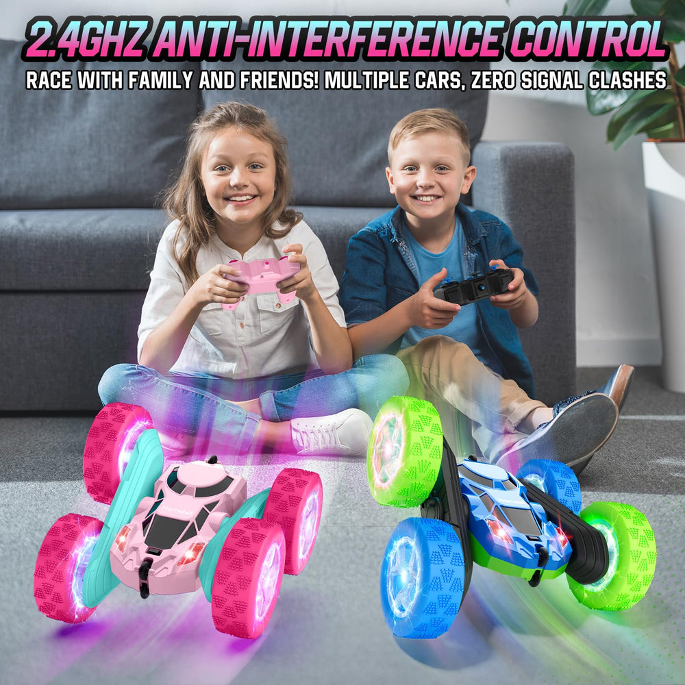 Hamdol Pink Blossom Edition RC car double-sided design enabling continuous play after flips.