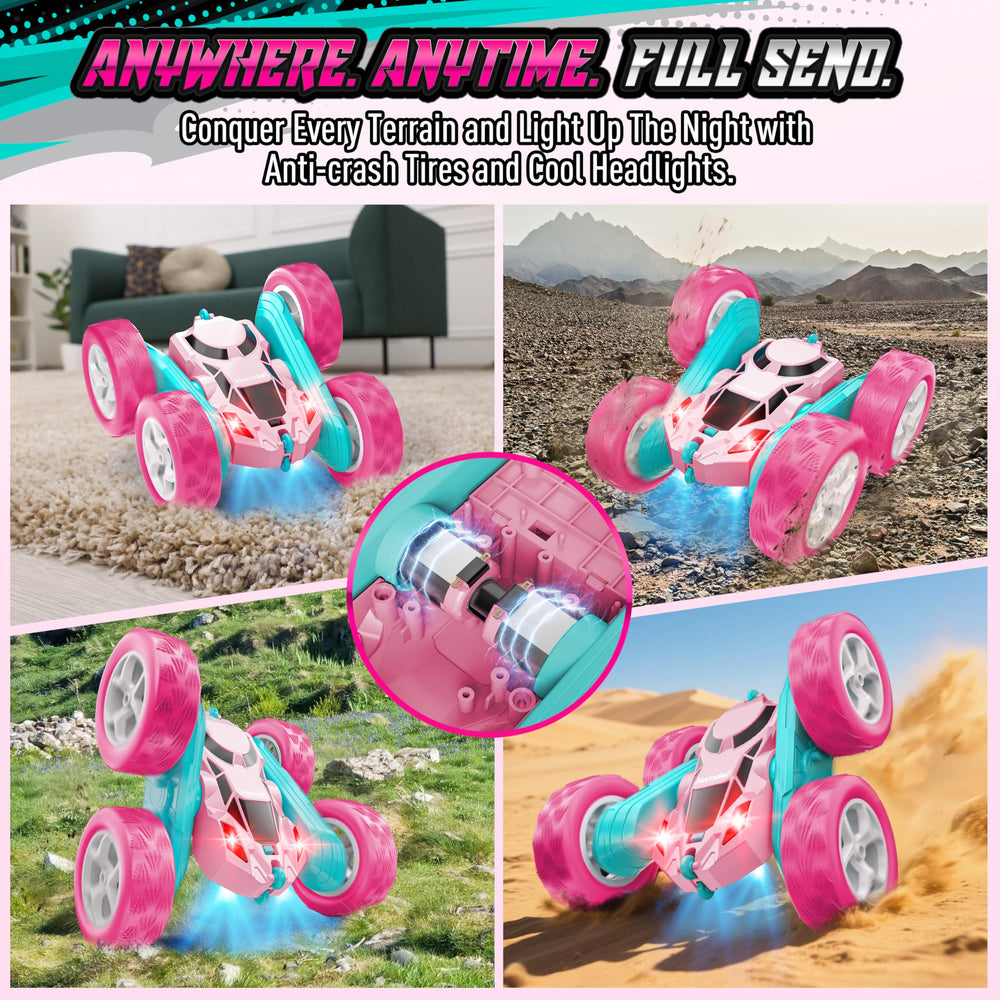 Hamdol Pink RC Car LED headlights illuminate flips and spins during play