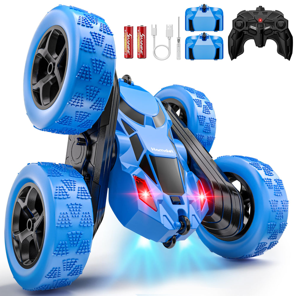 Hamdol remote-control stunt car front view with LED headlights for night play
