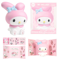 Hamee SquiSHU Buddy Hello Kitty My Melody display box behind squishy for vibrant shelf styling