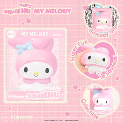 Hamee SquiSHU Buddy Hello Kitty My Melody closeup highlights soft foam and gentle scent