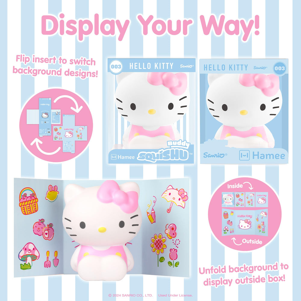 Hamee SquiSHU Buddy Hello Kitty two-background display for versatile presentation.