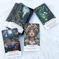 Fairy Whispering Oracle Deck displayed on a forest-themed table setting.