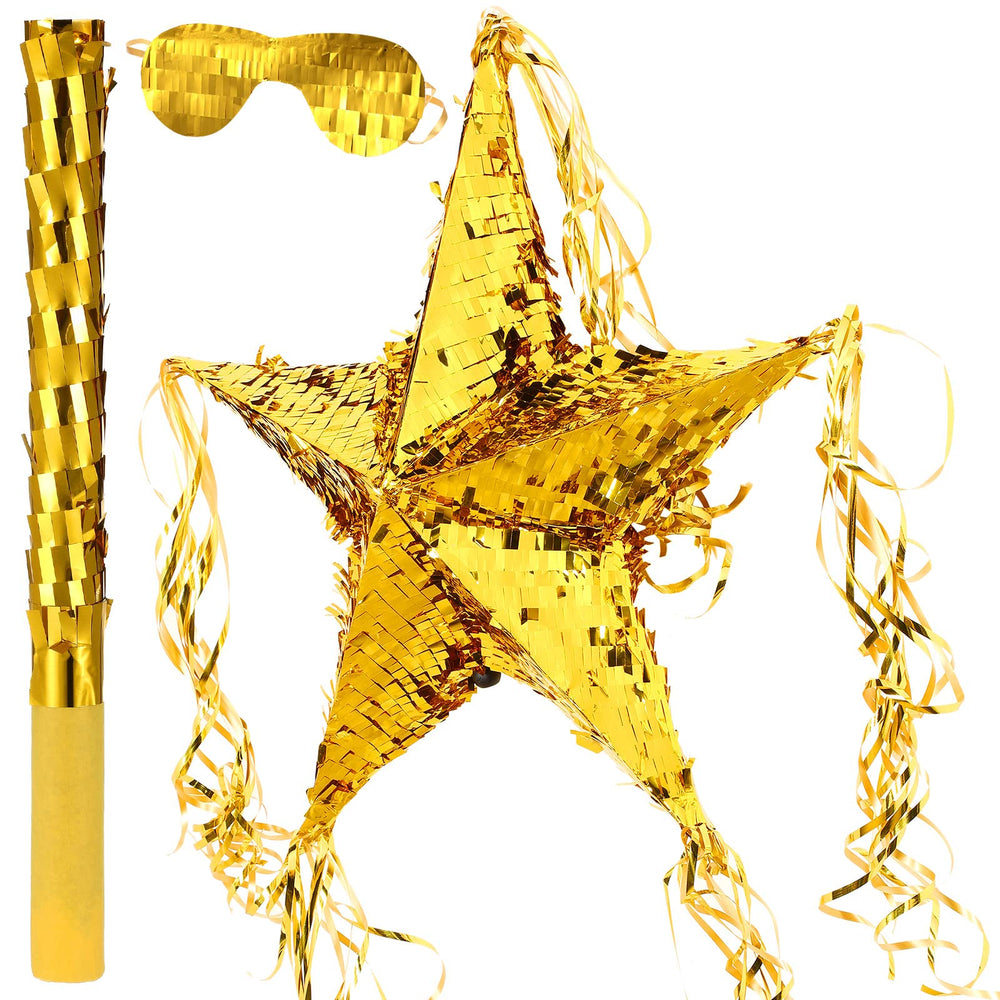 Hanaive foil star piñata unfolded in gold, ready for filling and festive display.