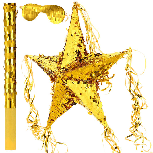 Hanaive foil star piñata unfolded in gold, ready for filling and festive display.