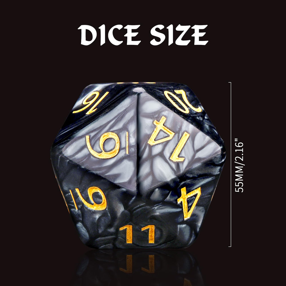 Handan 55mm luminous-grey D20 dice on the game table for dramatic rolls.