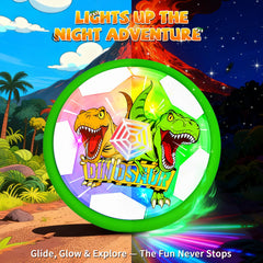 Hanroni Dinosaur Glow Hover Ball front view highlights bright dinosaur lights for immersive play.