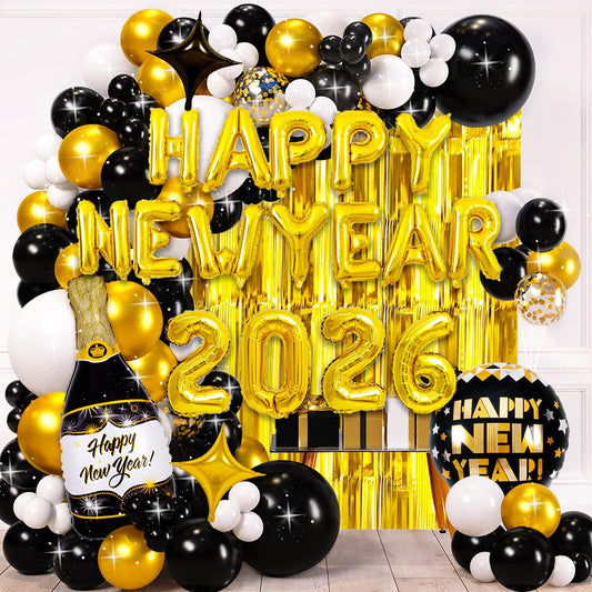 Haochenpai 2026 gold and black balloons with fringe curtains create a chic NYE backdrop.