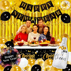 Haochenpai golden foil fringe curtain adds sparkling NYE ambiance.