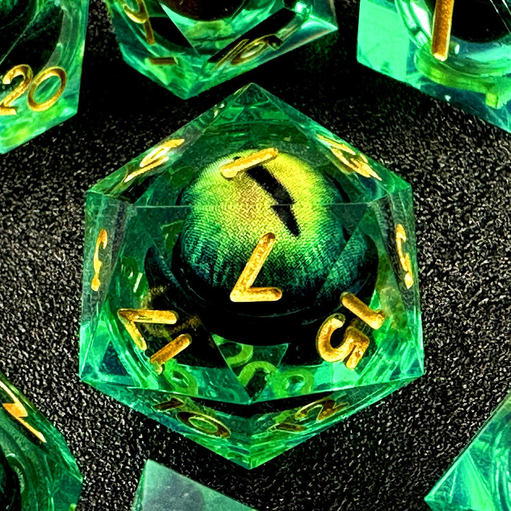 HAOMEJA eye green resin dice set shown, ideal for vibrant D&D sessions.