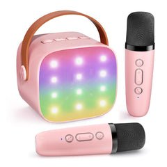 Haomuren mini karaoke machine on a table with colorful lights for home fun.