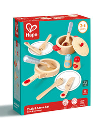 Hape Cook and Serve Set complete set fosters cooperative pretend meals.