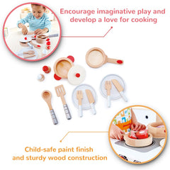 Hape Cook and Serve Set wooden utensils enhance dexterity during play.