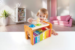 Hape Pound & Tap Bench bright colours enhance visual interest during play