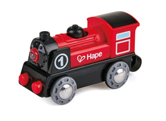 Hape Railway Battery Powered Train front view; durable wooden engine for imaginative play