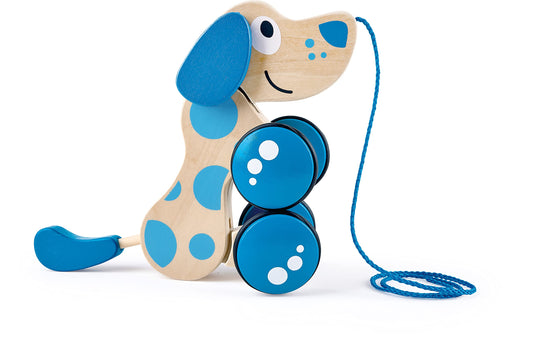 Hape Walk-A-Long Puppy blue wooden pull toy encourages active play