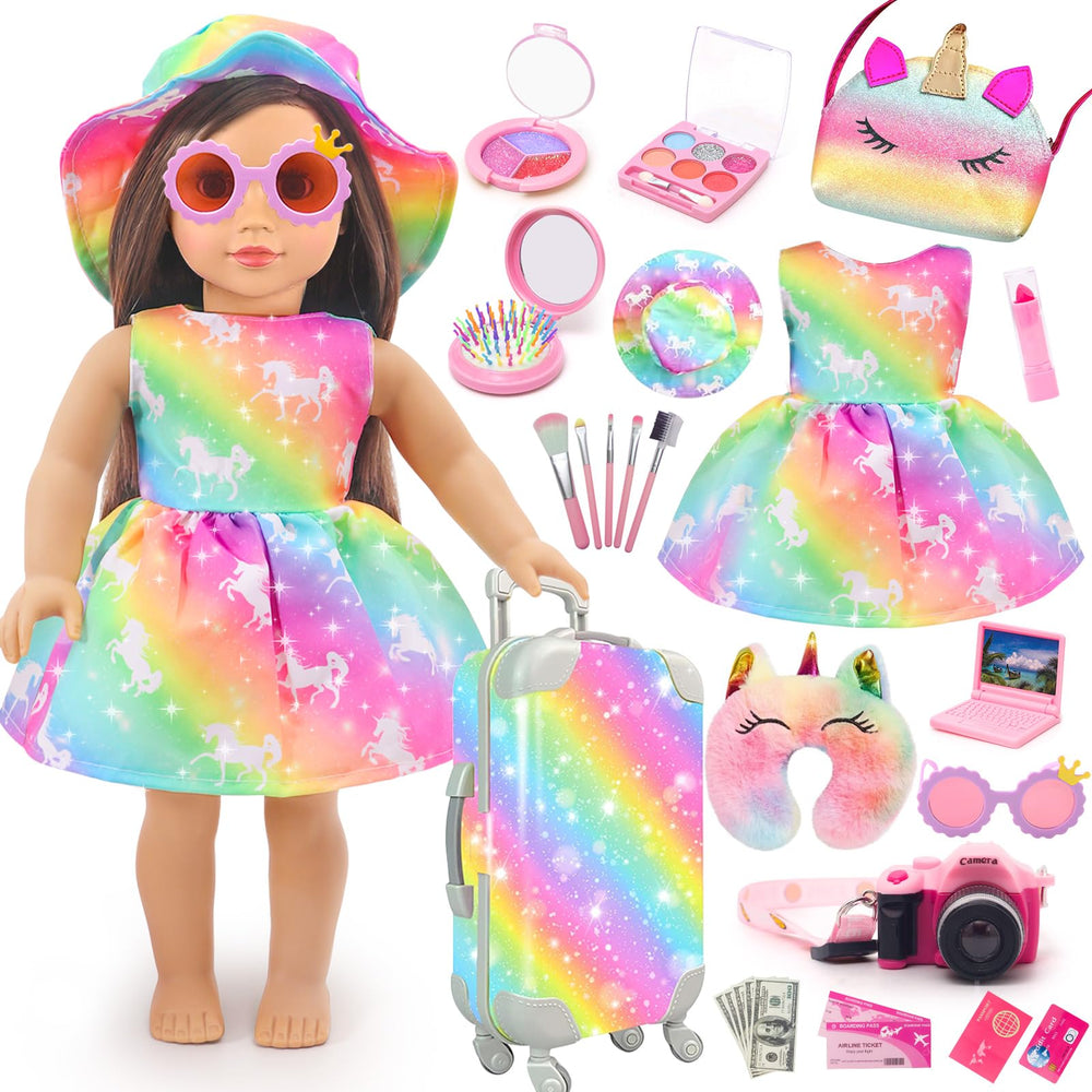 HAPGFS travel suitcase for 18-inch dolls keeps outfits organized during pretend trips.