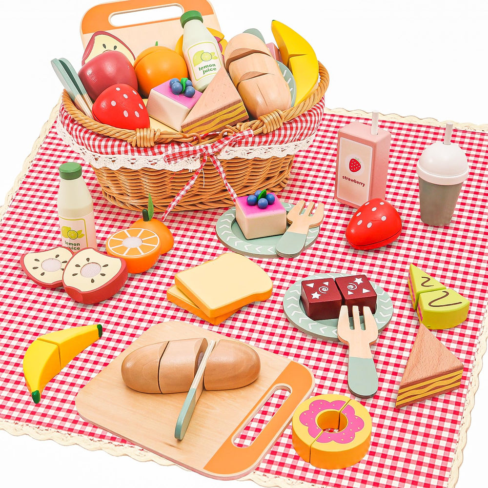 HAPGFS wooden picnic basket set with play food for imaginative outdoor picnics