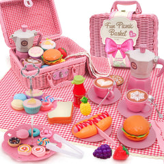 HAPGFS pink picnic basket for colorful pretend tea parties and storage during playdates.