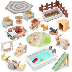 HAPGFS wooden doll house outdoor set slide for imaginative play and motor skill growth.