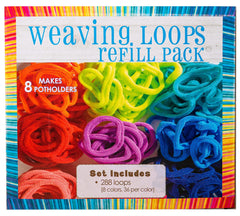 Hapinest refill loops enable vibrant potholder patterns on a 7x7 loom.