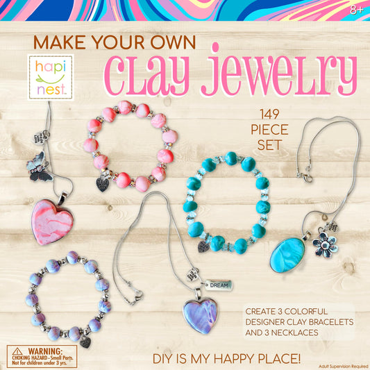 Hapinest Make Your Own Clay Jewelry Kit front cover for creative, screen-free fun.