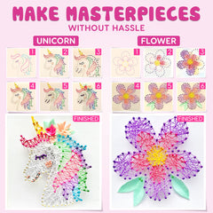 Hapinest string art kid crafting session in progress with colors